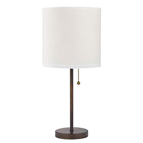 Pull-Chain Table Lamp with White Drum Shade in Bronze Finish