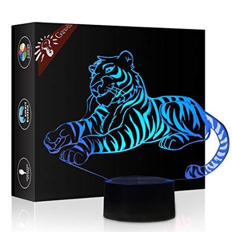 Tiger 3D Illusion Lamp Night Light, Gawell 7 Color Changing Touch Switch Table Desk Decoration Lamps Christmas Gift with Acrylic Flat & ABS Base & USB Cable Toy for Tiger Fans Lover