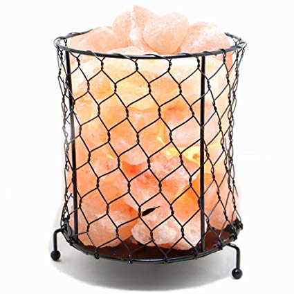 Betus [Natural Crystal] Himalayan Salt Basket Lamp - Hand Carved Salt Chunks with Dimmable Cord and Light Bulb - Mesh Grid Basket