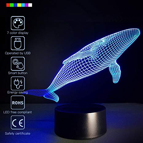 3D Glow Optical Illusion 7 Color Changing Animal Night Light Touch Button Desk Lamp Table Light Home Decor (Whale)