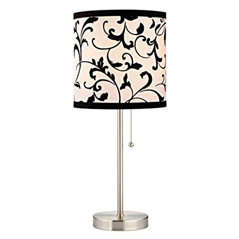 Pull-Chain Table Lamp with Black/White Filigree Drum Shade
