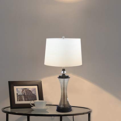 Desk Table Lamp for Bedroom - HAITRAL Modern Bedside Night Light Lamp With Fabric Shade Glass Metal Base Contemporary Office Desk Lamp for Living room, Bedroom, Bookcase, Cafe E26 Socket(Bulb not incl