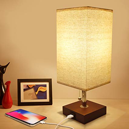 USB Bedside Table Lamp, Seealle Solid Wood Nightstand Lamp, Minimalist Bedside Desk Lamp With USB Charging Port,Unique Lampshde,Convenient Pull Chain, Perfect for Living Room, Bedroom(Havana Brown)