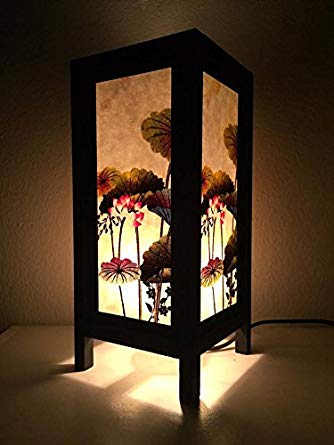 Thai Vintage Handmade Asian Oriental Lotus flower Bedside Table Light or Floor Wood Paper Lamp Shades Home Bedroom Garden Decor Modern Design from Thailand by Thai decorated