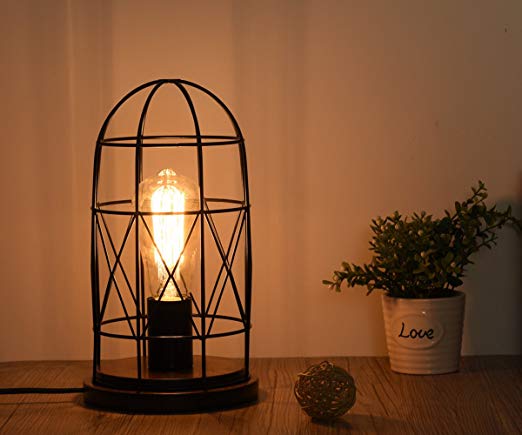 Surpars House Wood Retro Table Lamp Metal Shade Edison Bulb Included Warm White Light,Black