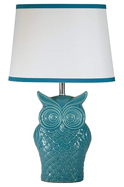 Ashley Furniture Signature Design - Sarva Owl Glaze Table Lamp - Vintage-Inspired Ceramic Base with White Shade - Blue