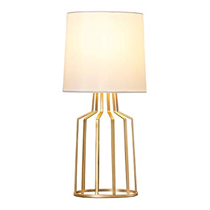 GLANZHAUS Mini Elegant Design Living Room Bedroom Bedside Table Lamp, Desk Lamps with White Fabric Shade and Golden Metal Bird Cage Base