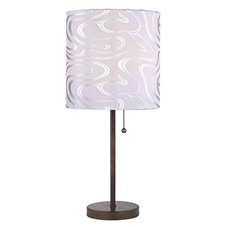 Pull-Chain Table Lamp with Silver Patterned Drum Shade