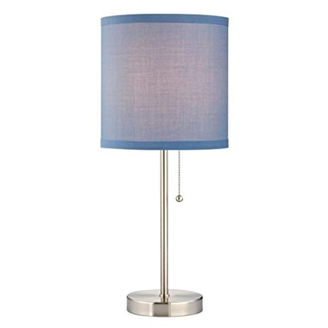 Satin Nickel Table Lamp with Blue Linen Drum Shade