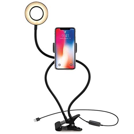 Bonlux LED Selfie Ring Light with Gooseneck Cell Phone Holder Stand for Live Stream and Makeup, LED Desk Lamp with Clip-on Lazy Bracket and Flexible Long Arms for Bedroom, Bathroom, Office - Black