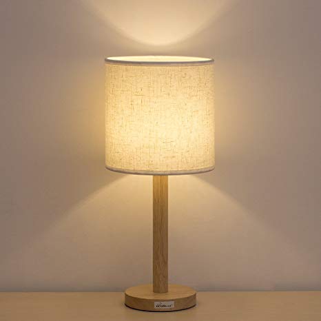 Table Lamp Bedside Desk Lamp - HAITRAL Minimalist Modern Night Light Lamp with Fabric Shade Wooden Base Nightstand Lamp for Bedroom, Kids Room, Living Room, Office, Baby Room