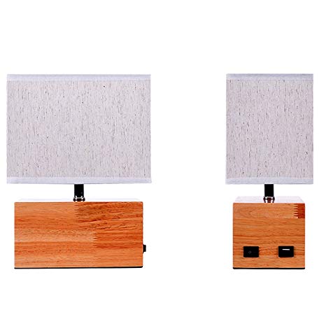 Bedside Desk Lamp Table Lamp, Dailyart Solid Wood Night Stand Lamp with Fabric Shade, USB Charging Port for Bedroom, Living Room
