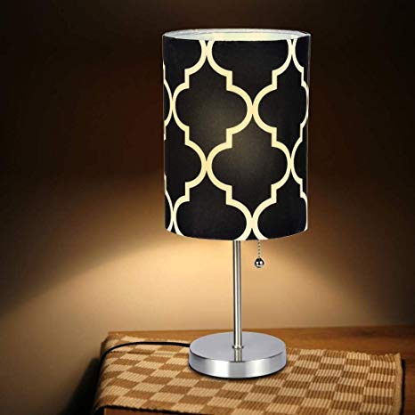 Bedside Table Lamp | Minimalist Table Lamp Bedside Desk Lamp With Round Flaxen Fabric Shade and Pull Chain Switch for Bedroom, Dresser, Living Room, Kids Room, College Dorm, Coffee Table, Bookcase
