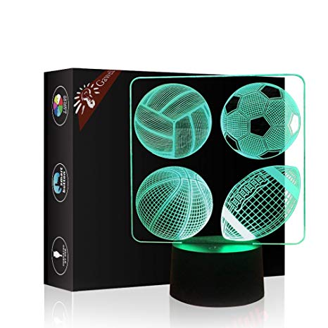 4 Kind of Sport Balls 3D Birthday Gift Illusion Beside Table Lamp, Gawell 7 Color Changing Touch Switch Decoration Lamps Baby Gift with Acrylic Flat & ABS Base & USB Cable Sports Theme Toy