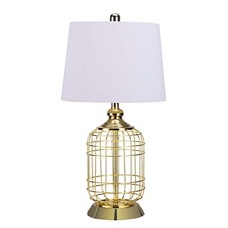 CO-Z Birdcage Base Table Lamps, Anti-Rust Metal Base & Oatmeal Linen Shade Desk Lamp, 25.5 inches Height for Living Room Bedroom Bedside Console (Gold)