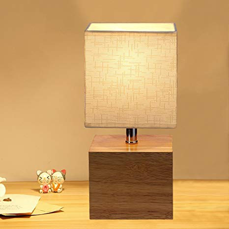 HOMPEN Decorative Table Lamp, Bedside Lamp with Wood Base, Cream Fabric Shade, In Line Switch