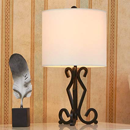POPILION Modern Design Metal Unique Base Livingroom Bedroom Bedside Table Lamp, Round White Fabric Lampshade Black Table Lamps
